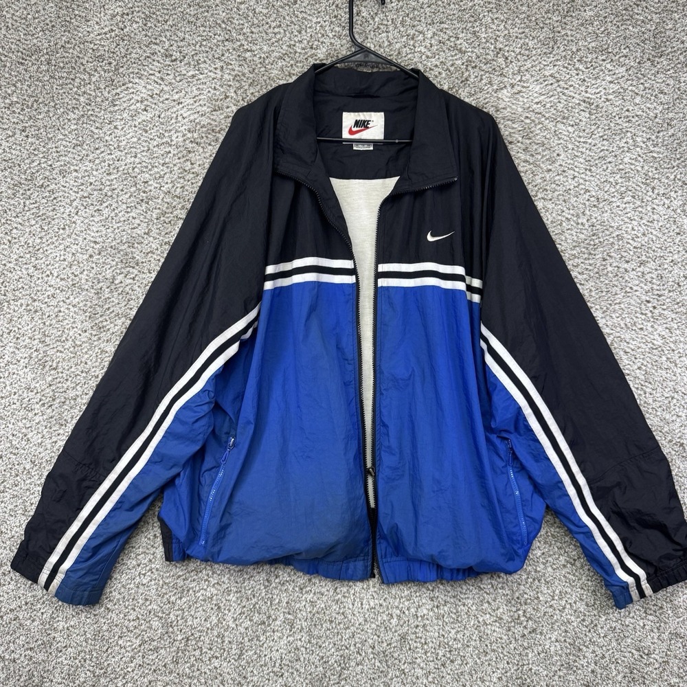 Vintage 90s Nike‎ Jacket Men's XXL 2XL Black Blue w/ White Striped Lined READ*
